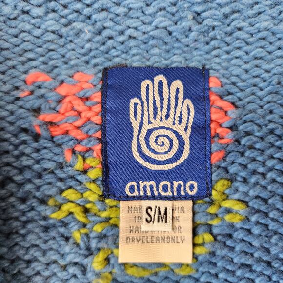 Rare NWT Vintage Amano S/M Hand Knit Cotton Cardigan Tulips Floral Blue Bolivia - Picture 5 of 10